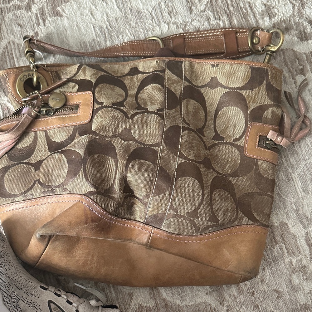 Coach Brown and Tan Signature Shoulder Bag